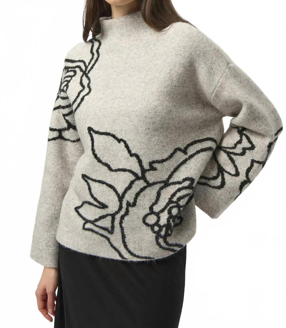 NEW JOSEPH RIBKOFF knit floral print sweater in oatmeal melange/black